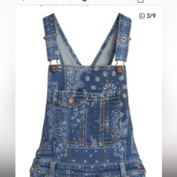 Festival Blue White Denim Bandana Overall Shortalls Size M 7-9 Americana - Picture 12 of 14